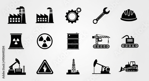 Collection of Industrial Icons and Symbols Representing Manufacturing and Energy.