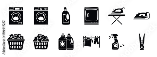 Laundry and household cleaning service equipment and supply icons for mobile applications and home appliance store advertising