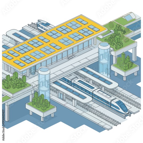 Futuristic Train Station with Solar Panels.