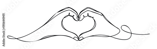 Minimalist continuous line drawing depicting two hands coming together to form a heart shape, symbolizing love and connection, perfect for romantic themes and relationship content