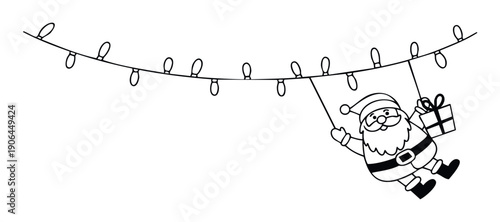 Jolly Santa Claus swinging playfully from a string of decorative holiday lights while holding a wrapped present, perfect for festive greeting designs and seasonal celebration promotions.