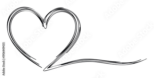Hand drawn black heart shape with a textured brush stroke style extending into a wavy line, perfect for conveying emotions, romantic greetings, or decorative graphics