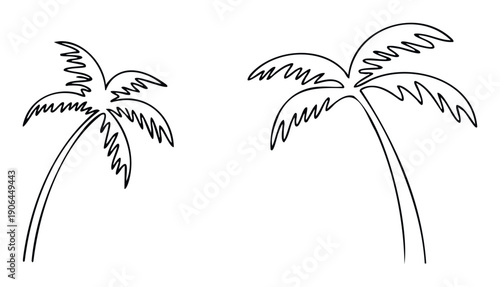 Simple line drawing of two tropical palm trees suggesting a relaxing vacation or summer holiday destination, perfect for travel promotions or beach themed graphic projects.
