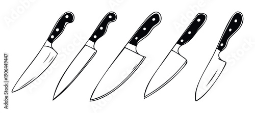 A collection of various kitchen knives, including chef and utility types, essential tools for cooking and food preparation, ideal for culinary content and kitchenrelated branding projects