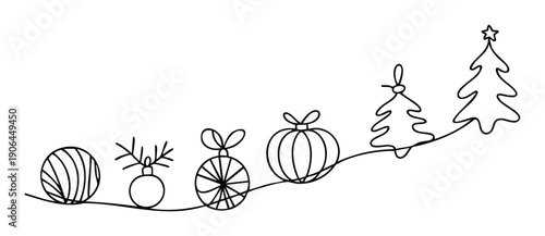 Minimalist continuous line drawing of festive holiday ornaments and various Christmas trees ascending on an upward sloping line perfect for winter season greeting cards and seasonal