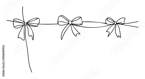 Elegant minimalist black outline bows suspended on a string creating a festive decorative border perfect for holiday greetings, party invitations, or gift wrapping accents