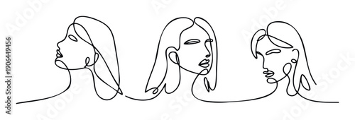 Minimalist continuous line drawing of three women faces portraying beauty and strength, suitable for modern branding, female empowerment campaigns, or abstract wall art