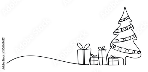 Minimalist single line artwork depicting a stylized Christmas tree adorned with round decorations and neatly stacked gift boxes, perfect for cheerful winter holiday marketing materials.