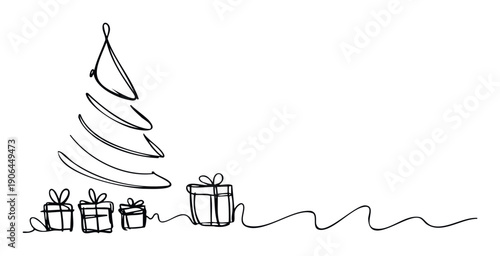 Minimalist continuous line drawing of a festive Christmas tree adorned with several beautifully wrapped gift boxes, perfect for holiday greeting cards, winter event invitations, or seasonal