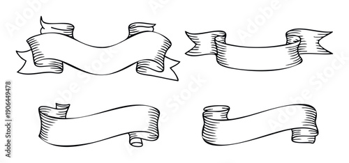 Set of hand drawn blank ribbon banners with a vintage aesthetic, perfect for adding custom text to create labels, awards, certificates, or decorative elements for various graphic design