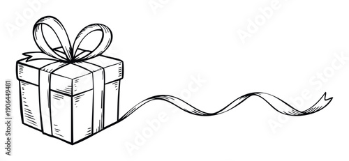 Handdrawn outline of a present box with a large bow and a trailing ribbon, perfect for holiday greetings, birthday wishes, celebration announcements, or special event invitations.