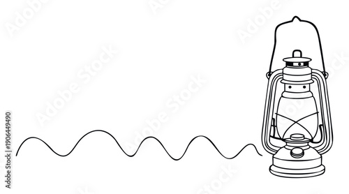Detailed black outline drawing of a vintage kerosene lamp with a flowing wavy horizontal line representing light or path, ideal for educational materials, outdoor enthusiast branding or