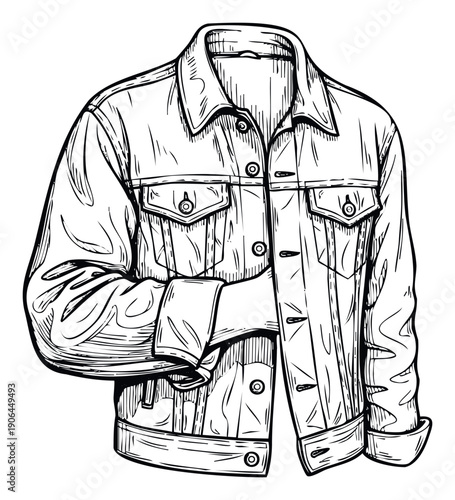 A detailed sketch of a classic denim jacket showcasing fabric texture and buttons, suitable for apparel branding, merchandise graphics, or casual wear advertisements.