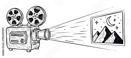 Classic film projector casting a serene night landscape picture with a crescent moon and twinkling stars, ideal for media production and nostalgic entertainment concepts.