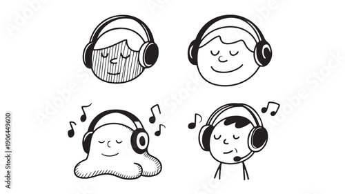 Cartoon Characters Listening to Music with Headphones in Simple Line Art Style with Monochromatic Black and White Color Scheme for Digital Illustration