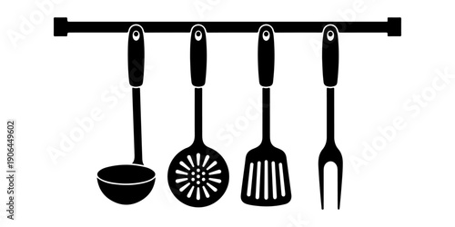 Simple Hanging Kitchen Utensils Arrangement with Rod and Clean Black White Design in Minimalist Graphic Style