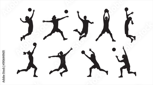 Basketball sport icon set with player silhouettes in dynamic game poses