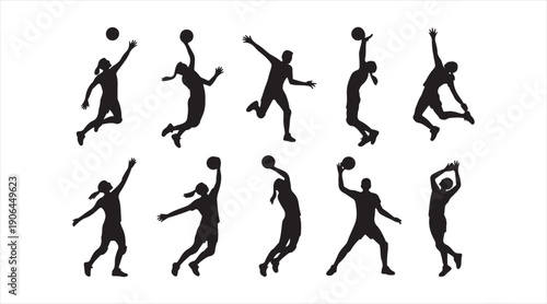 Dynamic basketball player silhouette collection with jumping shooting and dunking poses