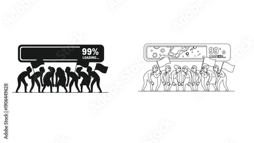 A group of people waiting for a loading process to complete