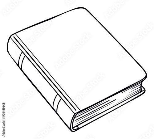 Simple black outline graphic depicting a traditional bound book with blank covers and visible pages, perfect for literary presentations, academic resources, or readingrelated branding.