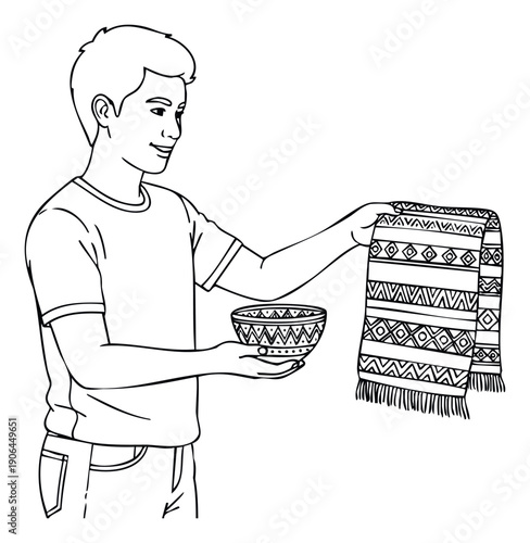 Young Asian man proudly displays a handcrafted decorative bowl and a beautifully woven scarf, ideal for cultural heritage content, craft workshops, or traditional product presentations.