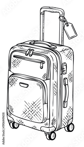 Hand drawn outline sketch of a rolling travel suitcase featuring an extendable handle and a blank identification tag suitable for vacation planning and journey preparation materials.