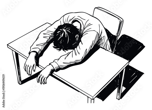Student experiencing burnout or exhaustion sleeps face down on a school desk during class time, perfect for educational content or mental health awareness campaigns