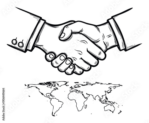 Two hands shaking in a firm handshake above an outline of the world map symbolizing global business partnership, international agreement, and worldwide cooperation for diplomacy and