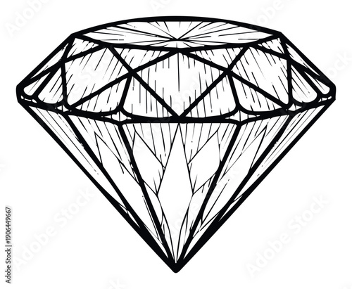 A clean black and white line drawing of a faceted diamond gemstone perfect for luxury branding, jewelry store advertisements, and elegant wedding invitation designs