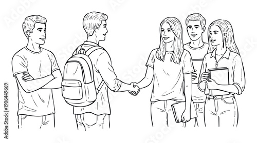 Young people in a dynamic group setting with a handshake, conveying connection and community, ideal for academic brochures and youthful communication projects.