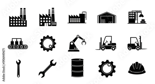 Collection of industrial icons representing factories machinery and tools.