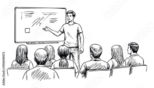 Young man giving a presentation to a group of students or professionals in a classroom setting, ideal for educational content or business training materials