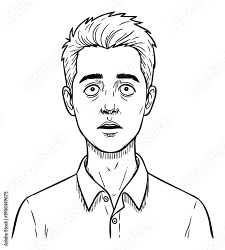 Young man with wide open eyes and dark circles appearing surprised or shocked, conveying feelings of exhaustion or disbelief, suitable for educational content or emotional storytelling