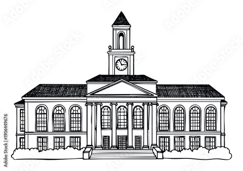 A classic old style public building with a prominent clock tower, columns, and arched windows, perfect for architecture history lessons or traditional education institution brochures.