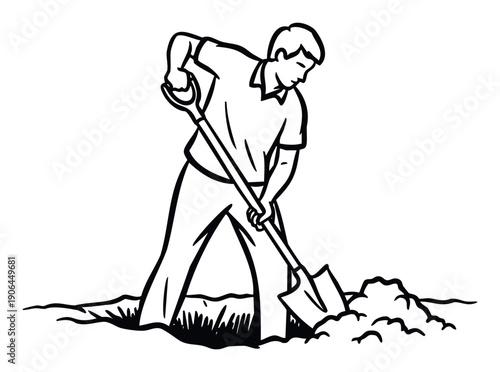 Energetic man diligently working in the soil, actively digging a hole with a shovel, ideal for construction, landscaping, gardening, or outdoor manual labor advertisements and publications.
