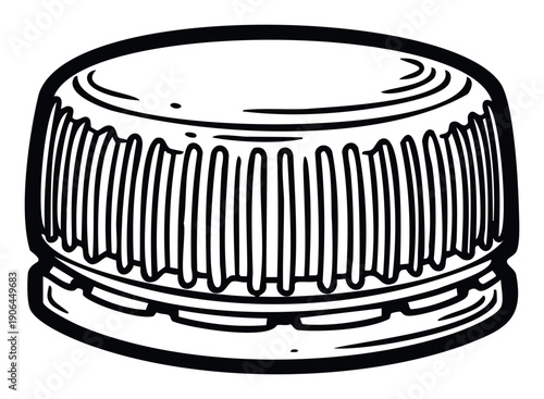 Simple black and white line drawing of a plastic bottle cap with textured sides, perfect for packaging designs, product labeling, and educational materials for various projects.