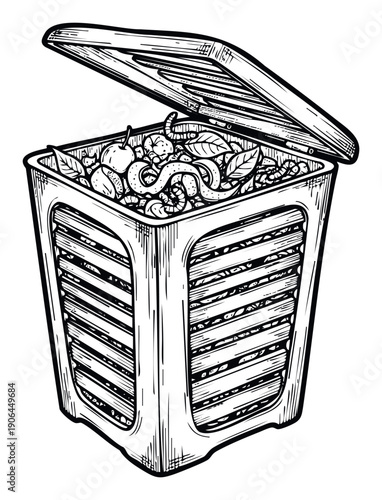 Compost bin with open lid revealing decomposing organic food waste and earthworms, perfect for illustrating sustainable gardening practices and ecofriendly waste management.
