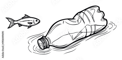 Floating plastic bottle in ocean water with a swimming fish representing marine pollution and environmental damage, suitable for educational materials and ecological responsibility