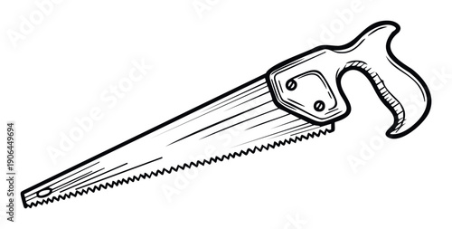 A classic hand saw tool with a serrated blade and ergonomic wooden handle depicted in a vintage sketch style, perfect for woodworking projects, construction industry content, or DIY