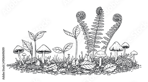 Hand drawn ink illustration of forest floor elements including mushrooms, ferns, and young sprouts for naturethemed graphic projects, educational materials, or decorative prints