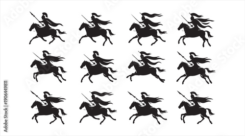 Galloping horse silhouette collection illustrating speed motion and equine strength in black vector style