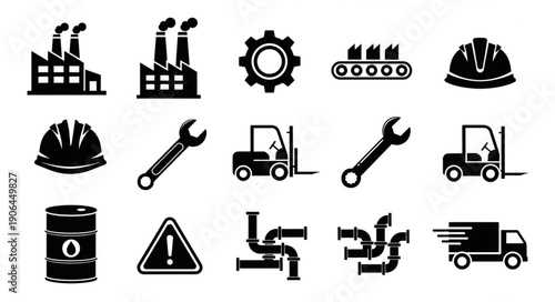 Collection of industrial icons representing manufacturing and logistics.