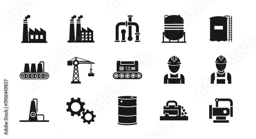 Collection of Industrial Icons Representing Manufacturing and Production.