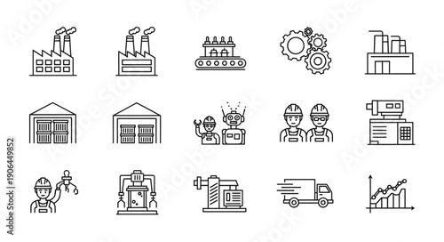 Collection of industrial icons representing manufacturing and production processes.