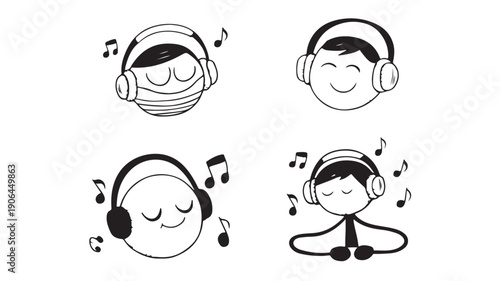 Smiling faces with headphones in minimalist black and white illustration for music and relaxation