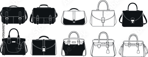 Vector collection of leather handbags and briefcases featuring black silhouette and outline technical flat sketches for fashion accessory design templates