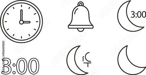 Vector Icons: Clock, Bell, Moon Crescent, Time 3:00, Isolated on White Background