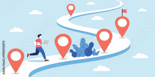 Business Journey Roadmap Concept with Location Pins and Curved Path Representing Goals Navigation Planning Strategy and Success Illustration