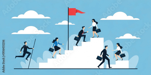 Career Growth and Business Success Concept with Professionals Climbing Steps Toward Flag Representing Leadership Progress Promotion and Goal Achievement Illustration