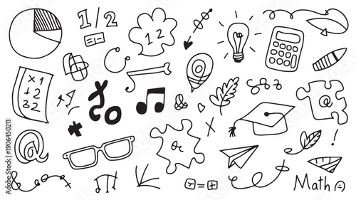 Math symbols in hand drawn style with black and white color scheme on doodle texture for educational materials